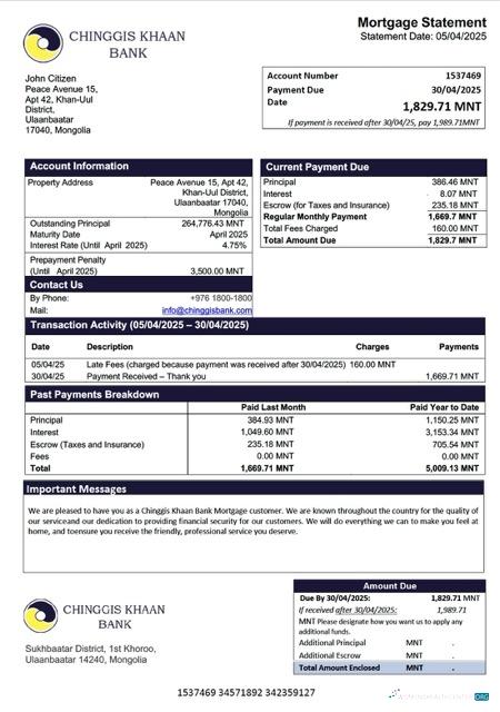 Download Mongolia Chinggis Khaan Bank mortgage statement Word and PDF template Photoshop template